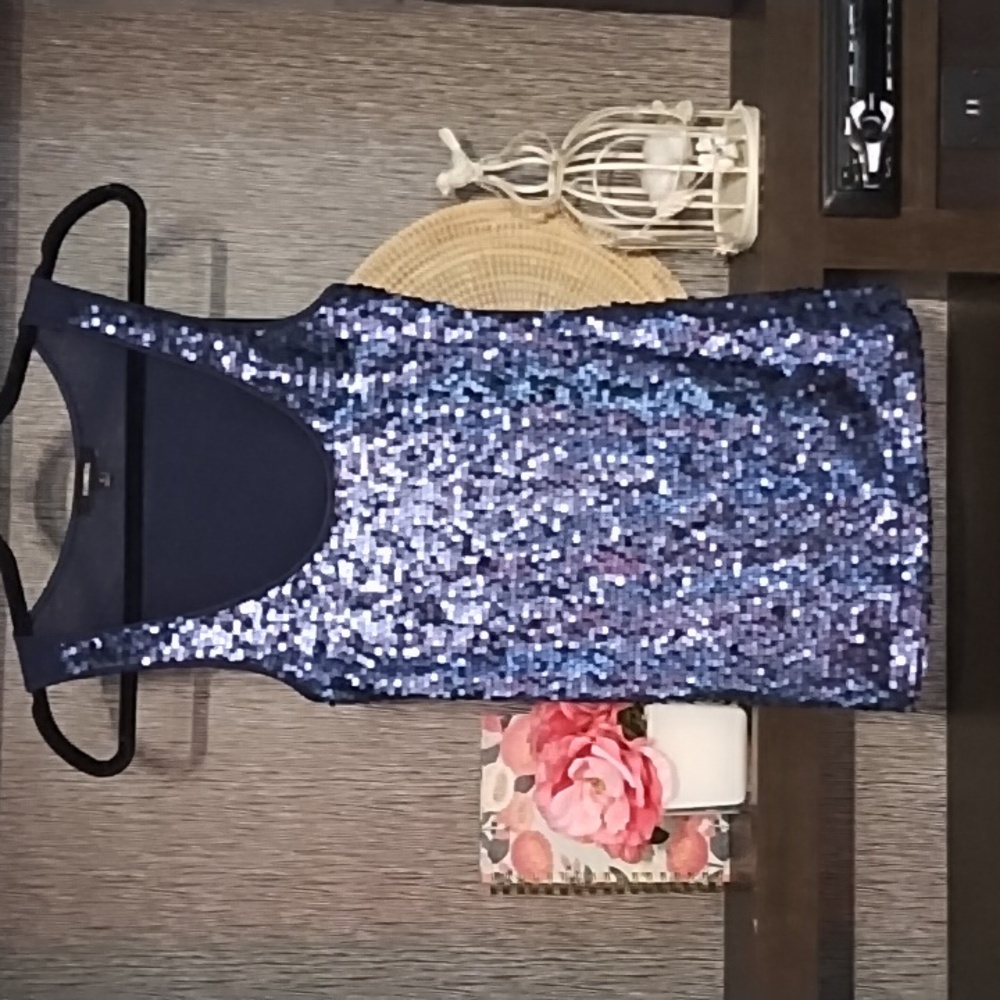Express Tank Top Sequins Front Blue Sleeveless Size S Party Blue